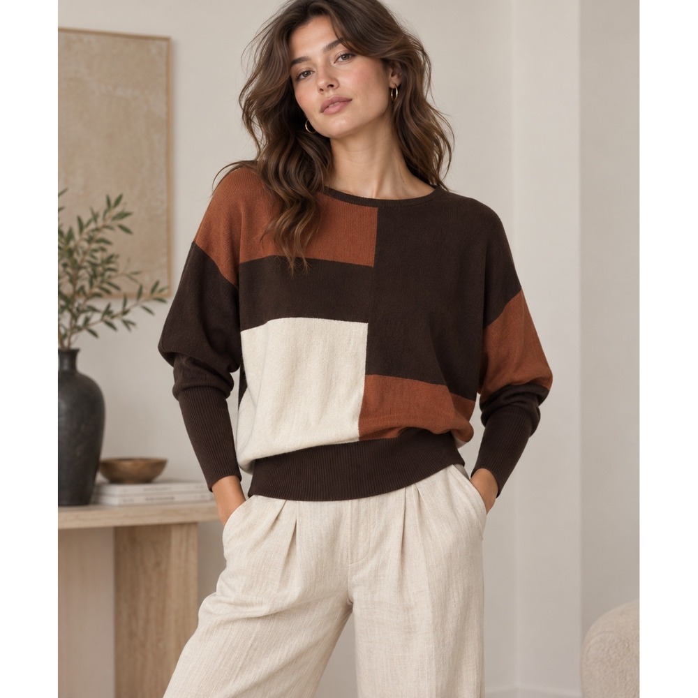 Aaeda Colorblock Sweater Women M Brown Rust Patchwork Dolman Boho Retro 90s
